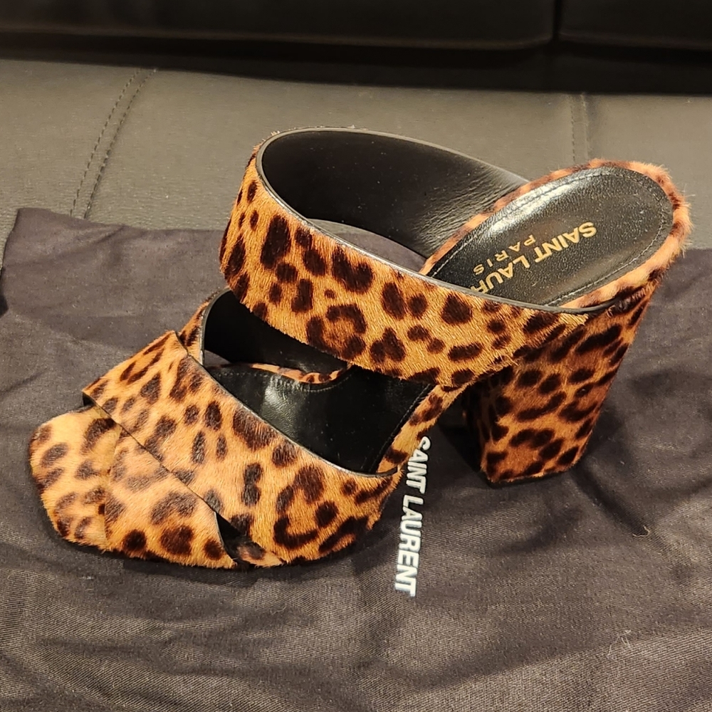 Saint Lauren Oak 100 Pony Spots Mule Sandal Leopard Print Mule 4" Hell Sz 7.5 - Picture 6 of 8